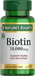 Nature's Bounty Biotin Hair Skin and Nails Vitamins, Supports Healthy Hair, Skin and Nails, 10,000 mcg, 120 Softgels (Pack of 1)