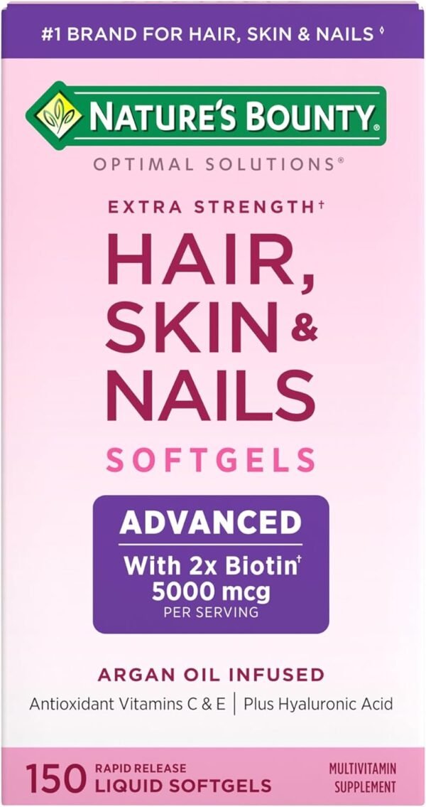 61IkMUgpBWL._AC_SL1500_ Nature's Bounty Advanced Hair, Skin & Nails, Argan-Infused Vitamin Supplement with Biotin and Hyaluronic Acid, 150 Rapid Release Softgels, 50 Total Servings