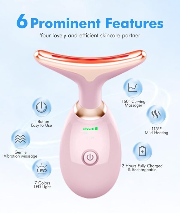 Red-Light-Therapy-for-Face-and-Neck, 7 Color Face Massager Tool for Wrinkles, Double Chin, Vibrating Facial Massager with Thermals for Skin Care, Glossy Pink