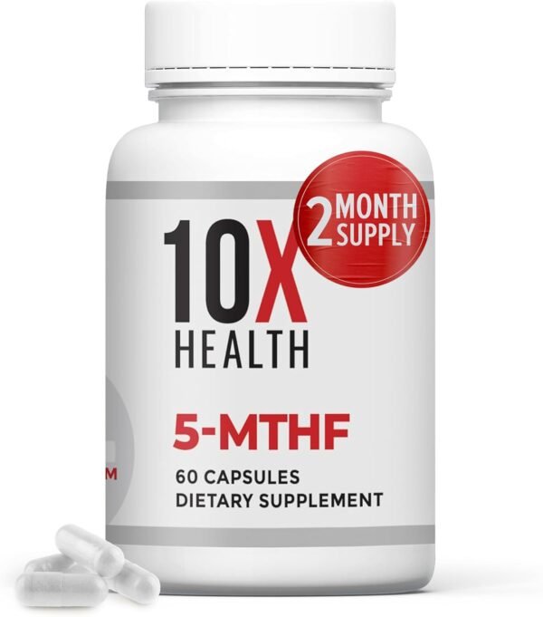61pM0zRYs-L._AC_SL1500_ 10X Health 5-MTHF Methylfolate - Methylated Folate & Magnesium for Brain, Heart Health, DNA & Neurotransmitter Synthesis - Bioavailable Methyl Folate Supplement - Methylfolate Supplement 60 Capsules