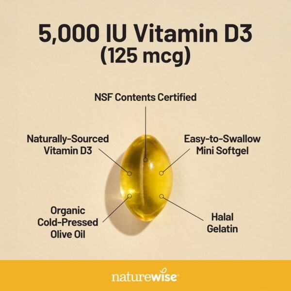 71GaTRwKcL._AC_SL1500_ NatureWise Vitamin D3 5000iu (125 mcg) 1 Year Supply for Immune Support, Healthy Muscle Function, and Bone Health - Non-GMO, Gluten Free in Organic Extra Virgin Olive Oil, (Mini Softgel), 360 Count