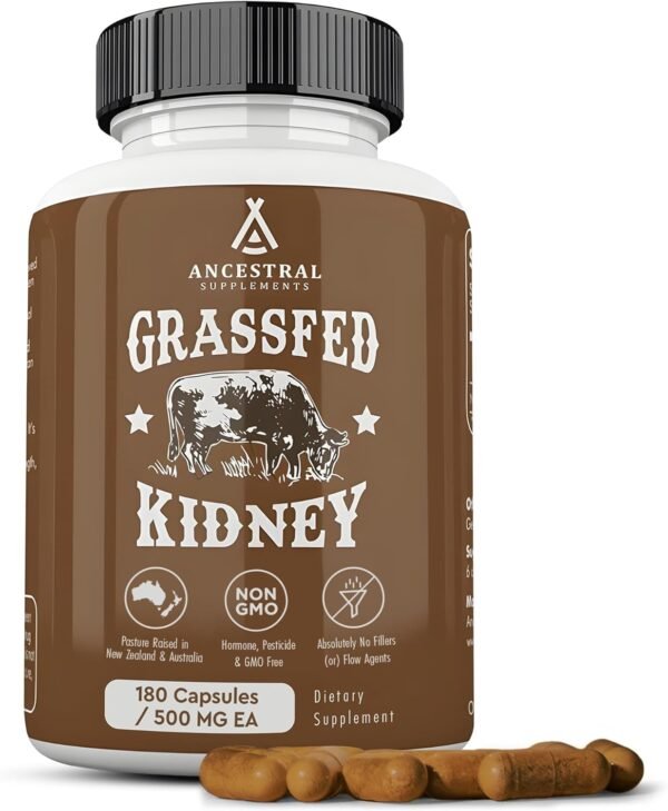 71GziYqziL._AC_SL1500_ Ancestral Supplements Grass Fed Beef Kidney Supplement, 3000mg, DAO Enzyme Supplement, Kidney Support for Urinary and Histamine Health, Selenium, B12, Non GMO, 180 Capsules