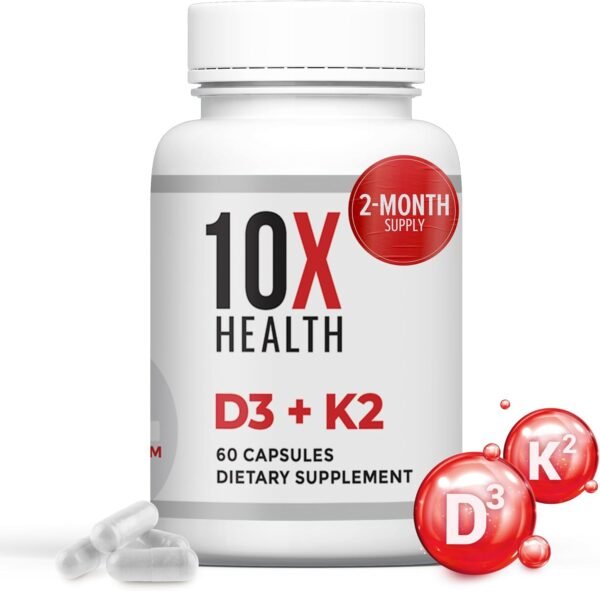 71Nff5ezdBL._AC_SL1500_ 10X Health Vitamin D3 5000 IU & K2 MK7 - Menaquinone 7, High-Potency D3 K2 Vitamin Supplement for Bone Health, Heart and Teeth - 125 mcg Vitamin D & 90 mcg Vitamin K2-60 Capsules