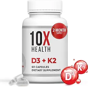 71Nff5ezdBL.__AC_SX300_SY300_QL70_FMwebp_ 10X Health Vitamin D3 5000 IU & K2 MK7 - Menaquinone 7, High-Potency D3 K2 Vitamin Supplement for Bone Health, Heart and Teeth - 125 mcg Vitamin D & 90 mcg Vitamin K2-60 Capsules
