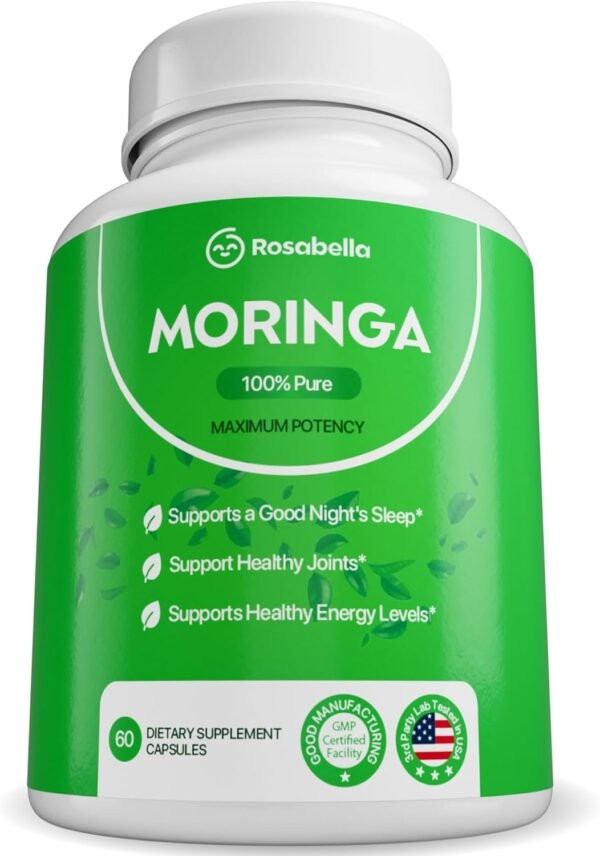 Rosabella Moringa Capsules - Pure Moringa Powder, Energy, Skin, Immune & Gut Health Superfood, Rich in Antioxidants, Essential Vitamins & Amino Acids, Natural Green Superfood Supplement - 60 Count