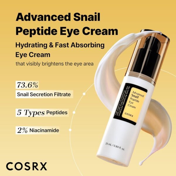 COSRX Snail Mucin Peptide Under Eye Cream, 0.84 fl oz, 73.7% Snail Mucin and Niacinamide, Eye Care, Eye Cream Anti Aging, Dark Circles, Korean Skin Care