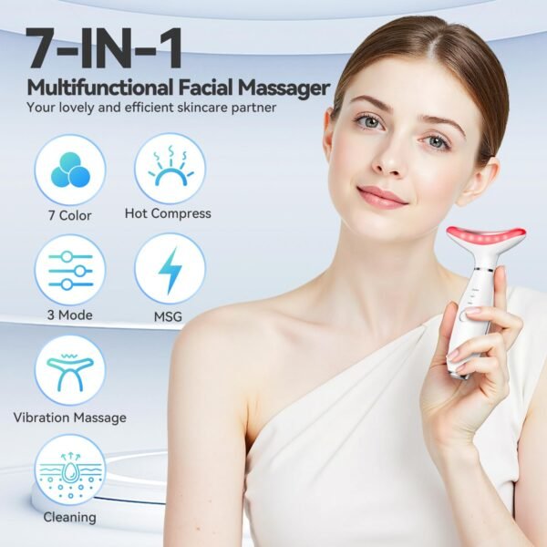 Version 1.0.0 7 Color Neck Face Massager Tool, Facial Massager for Skin Care at Home, Face Sculpting Tool with Thermals, Vibration (White)