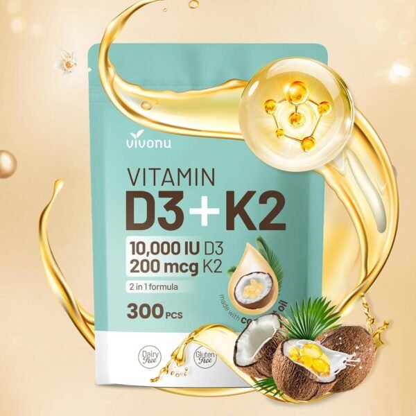 Vitamin D3 K2 10000 IU with MK7-300 Virgin Coconut Oil Softgels, 2 in 1 Vitamins D & K Complex | Vitamina D3 con K2 | Supports Calcium Absorption, Bone, Immune, & Heart Health – Easy to Swallow