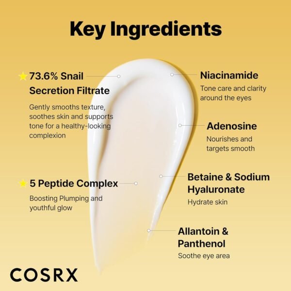 COSRX Snail Mucin Peptide Under Eye Cream, 0.84 fl oz, 73.7% Snail Mucin and Niacinamide, Eye Care, Eye Cream Anti Aging, Dark Circles, Korean Skin Care