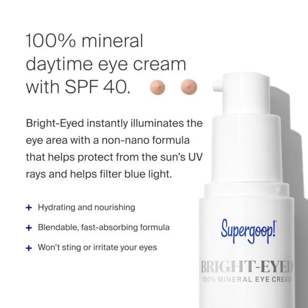 Supergoop! Bright-Eyed Mineral Eye Cream, 0.5 fl oz - SPF 40 PA+++ Hydrating & Illuminating Mineral Sunscreen - Under Eye Cream for Dark Circles & Puffiness - Revives Tired Eyes