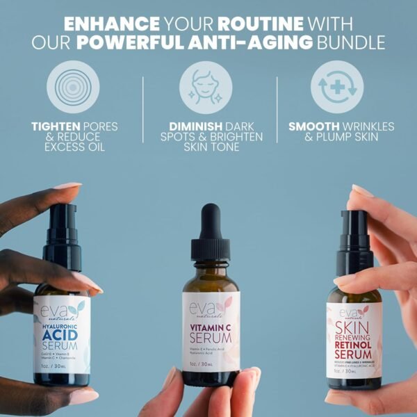 71d1r7CHsNL._SL1500_ Eva Naturals Anti-Aging Serum Bundle - Vitamin C, Hyaluronic Acid, and Retinol | Face Serum Set for Skin Brightening, Hydration