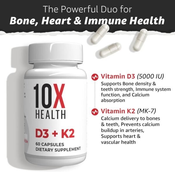 71p12xPOGdL._AC_SL1500_ 10X Health Vitamin D3 5000 IU & K2 MK7 - Menaquinone 7, High-Potency D3 K2 Vitamin Supplement for Bone Health, Heart and Teeth - 125 mcg Vitamin D & 90 mcg Vitamin K2-60 Capsules