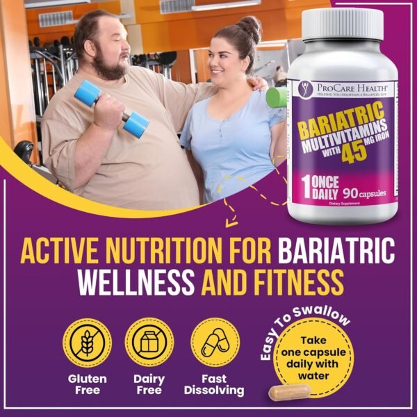 ProCare Health Bariatric Multivitamin with Iron 45mg (90 Easy to Swallow Capsules) - Post Op Bariatric Vitamins for Gastric Bypass Pills for Sleeve Patients, Sustain Recovery & Energy (3 Month Supply)