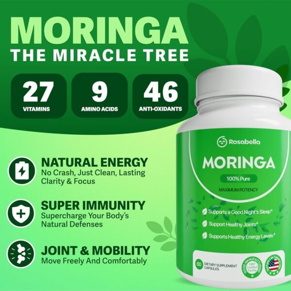 Rosabella Moringa Capsules - Pure Moringa Powder, Energy, Skin, Immune & Gut Health Superfood, Rich in Antioxidants, Essential Vitamins & Amino Acids, Natural Green Superfood Supplement - 60 Count