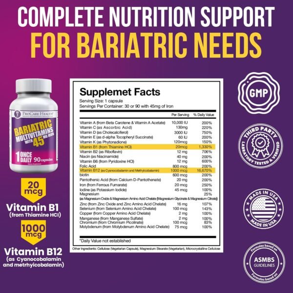 ProCare Health Bariatric Multivitamin with Iron 45mg (90 Easy to Swallow Capsules) - Post Op Bariatric Vitamins for Gastric Bypass Pills for Sleeve Patients, Sustain Recovery & Energy (3 Month Supply)