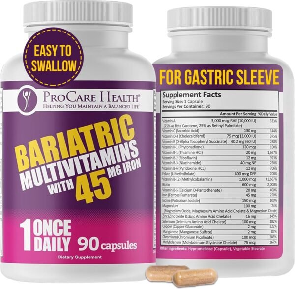 ProCare Health Bariatric Multivitamin with Iron 45mg (90 Easy to Swallow Capsules) - Post Op Bariatric Vitamins for Gastric Bypass Pills for Sleeve Patients, Sustain Recovery & Energy (3 Month Supply)