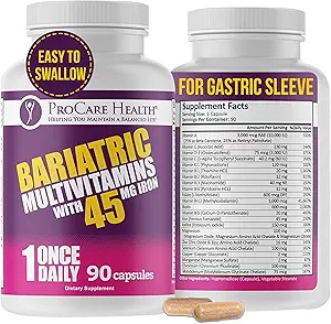 ProCare Health Bariatric Multivitamin with Iron 45mg (90 Easy to Swallow Capsules) - Post Op Bariatric Vitamins for Gastric Bypass Pills for Sleeve Patients, Sustain Recovery & Energy (3 Month Supply)