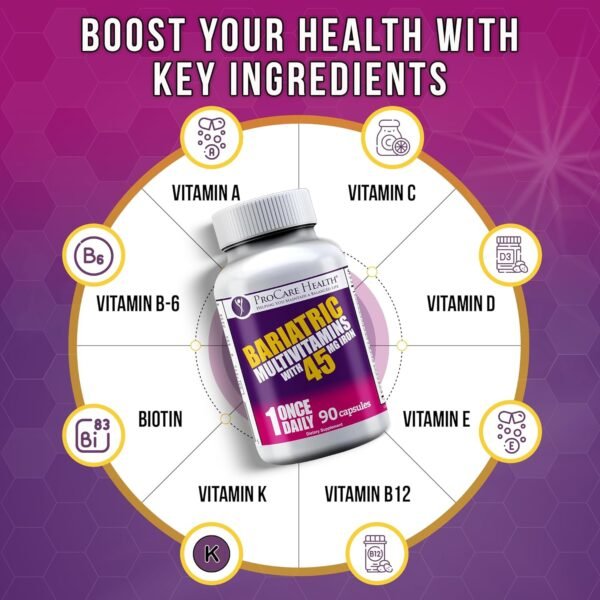 ProCare Health Bariatric Multivitamin with Iron 45mg (90 Easy to Swallow Capsules) - Post Op Bariatric Vitamins for Gastric Bypass Pills for Sleeve Patients, Sustain Recovery & Energy (3 Month Supply)