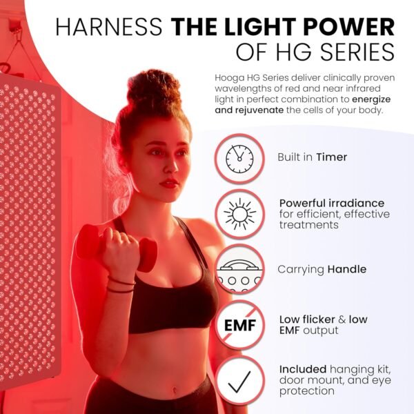 Hooga Red Light Therapyfor Face & Body, 60 LEDs, 660nm Red 850nm Near Infrared with Timer for Pain Relief, Skin Health, Anti-Aging, Sleep, Energy & Recovery, Includes Hanging Kit & Handle - HG300