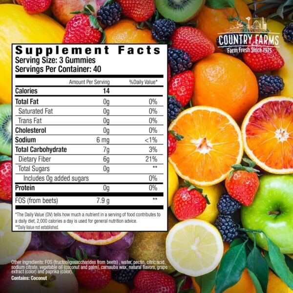 Country Farms Fiber Care Prebiotic Gummies, 6g of Fiber Per Serving, GLP-1 Booster, FOS from Beets, Digestive Health, Supports Regularity, Mixed Fruit Flavor, 120 Gummies, 40 Servings